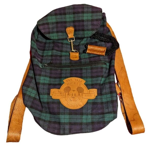 Vintage 90's Disney Mickey Mouse Plaid Tartan Backpack 90’s Leather Drawstring - Picture 1 of 11